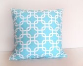 Clearance Decorative Pillow Cover. Chain Link Aqua Blue and White. 20 x 20 Inch Accent Pillow Cover.