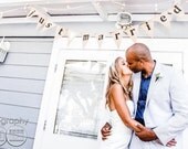 Just Married Burlap Banner with White Glittered Heart Lowercase