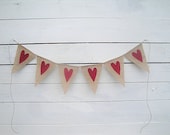 Burlap Banner with Red Glittered Hearts- Wedding garland- Valentines banner
