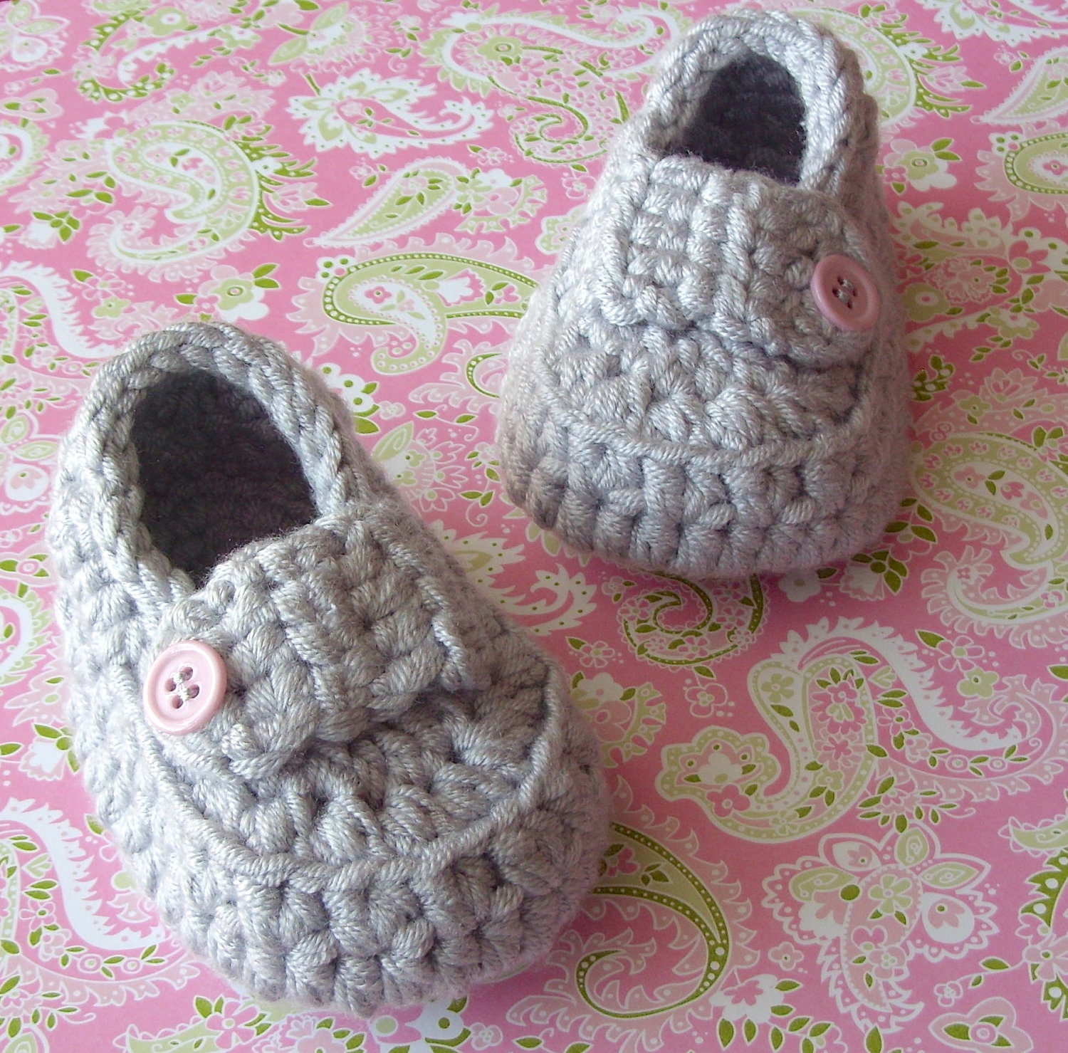 Baby Girl Loafer Booties - Modern Crochet Fashion - Grey Soft Shoes -  0 to 3 Months - Handmade Infant Size 1 - Gift Boxed - Ready to Ship