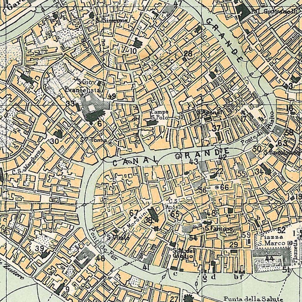Venice City Map Italy 1950 Canals Streets