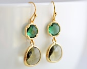 Emerald Green and Khaki Green Gold Earrings.