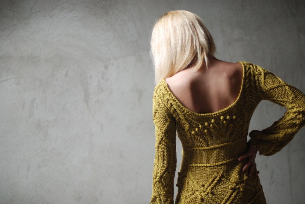 Cotton cable hand knitted dress in mustard