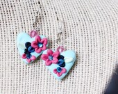 Floral Hearts Multi-colored polymer clay earring with handcrafted flowers and crystal detail