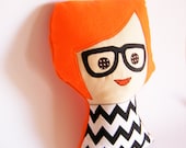 Plush Doll - Soft stuffed toy or cushion - "Nerdy Nadine" - black and white chevrons - orange - retro doll