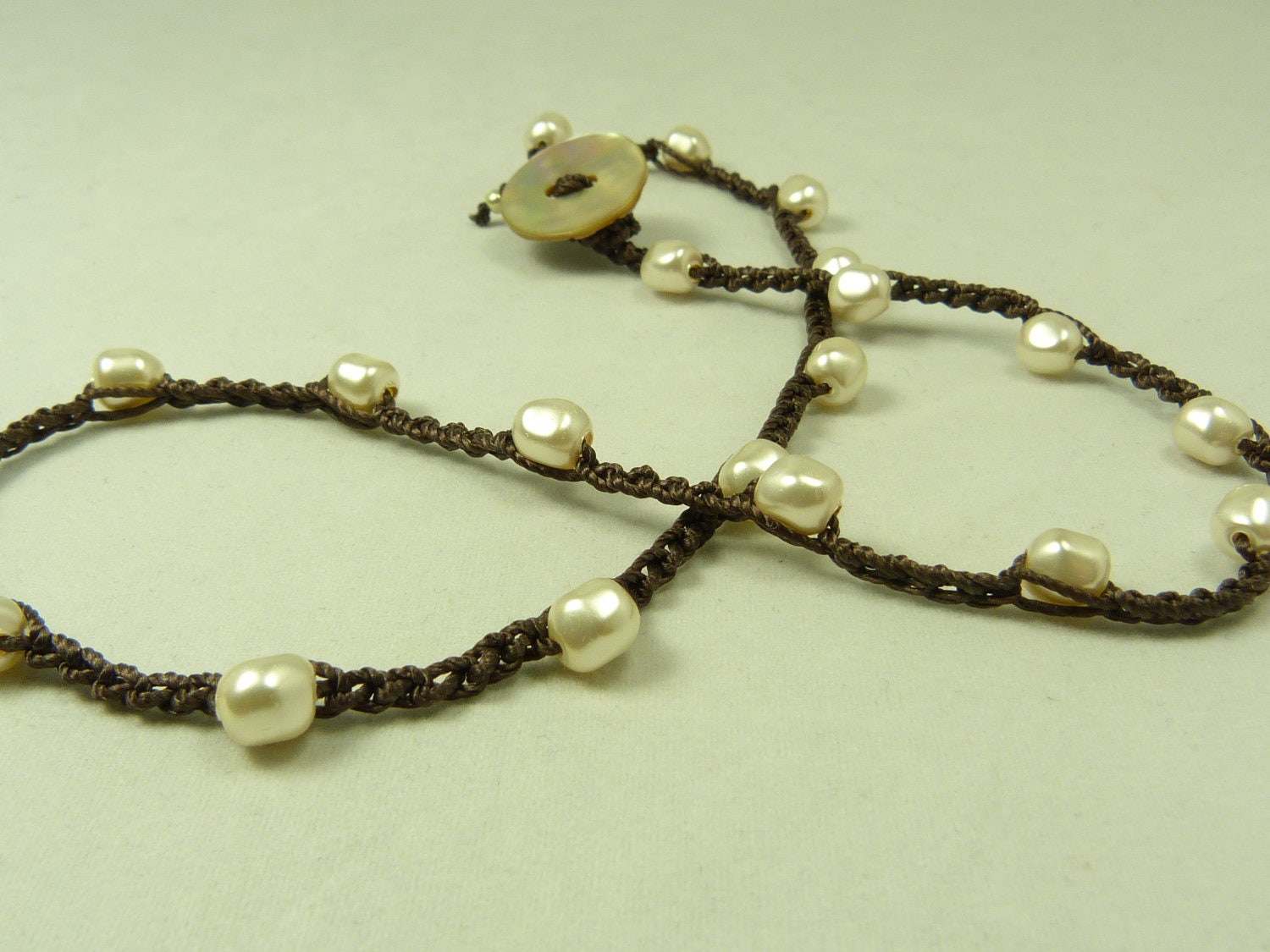 Swarovsky pearls - beaded crochet necklace - Boho style - Delicate, feminine, simple statement, creamy white with dark brown.