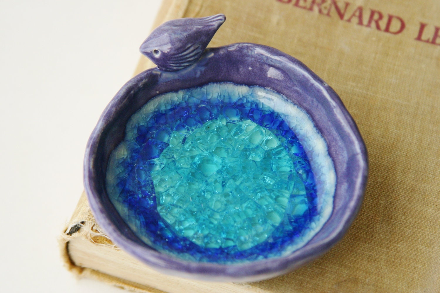 Bird Bath Ring Dish - Crackle Aqua Glass - Ring Catcher Home Decor - OOAK Purple Periwinkle
