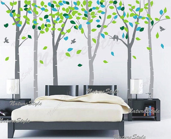 Birch tree wall decals nursery wall decal baby decal children vinyl wall decal girl bedroom  boy decal - 6 Birch Trees with Colorful leaves