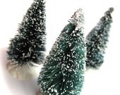 Miniature Flocked Bottle Brush Christmas Trees-Lot of Three 2.5 Inch-Holiday Sisal Pines-Putz Village-Green and White - couturenicole