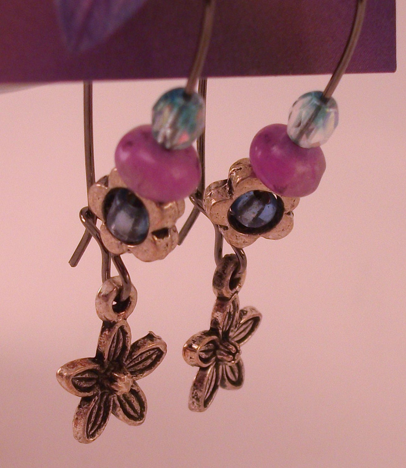 Super Girly flower purple, blue, pink beaded earrings & free ship