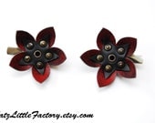 Pair black and dark red PVC  leather Cyber Flower gothic industrial studded hair clips