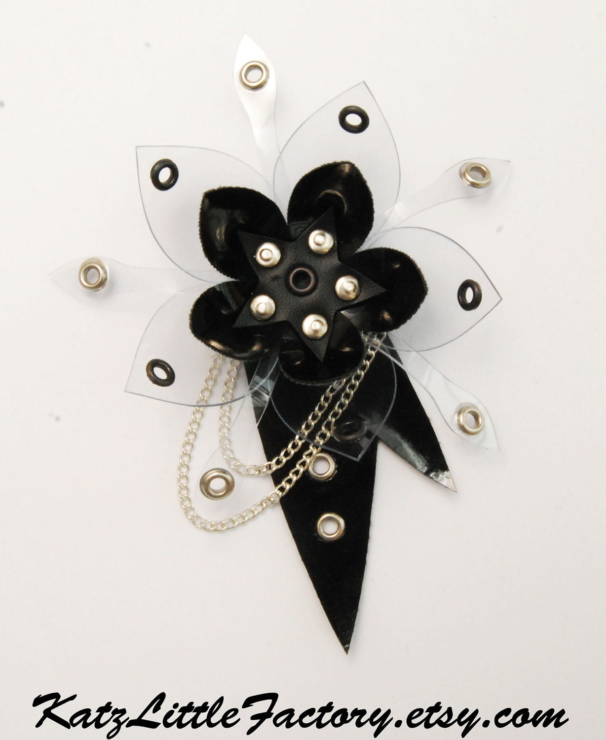 Transparent and black PVC Cyber Flower gothic industrial studded hair clip with chains and tail spiky fascinator