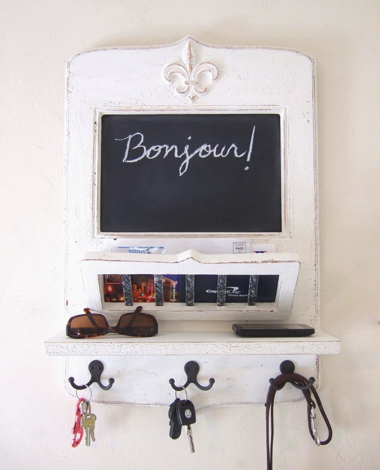 The Parisian Home Metro - White Vintage Style Chalkboard, Mail Basket and Key Hooks