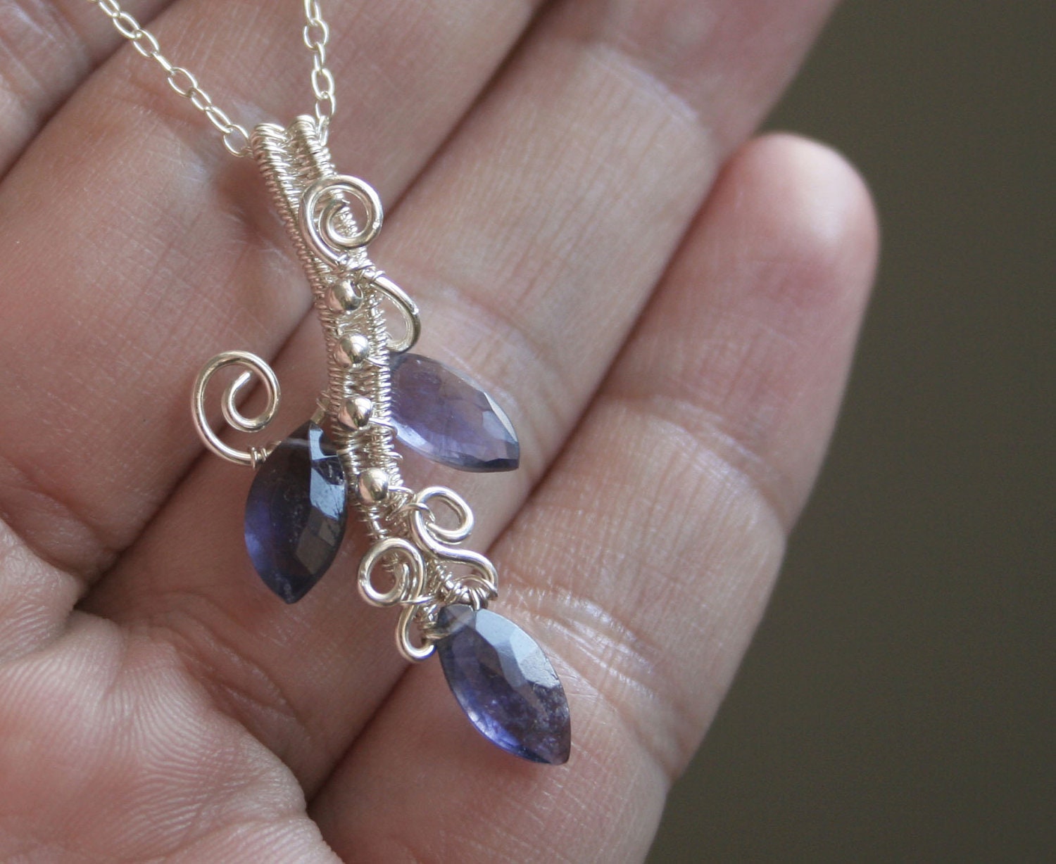 Snow Branch - Blue Iolite Sterling Silver Wire Wrapped Woven Pendant with Necklace