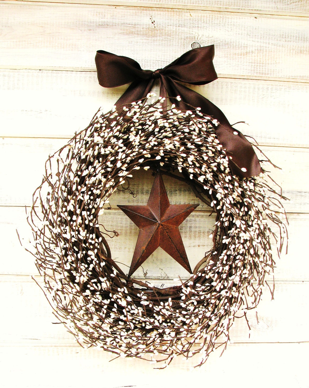 RUSTIC CHOCOLATE BROWN & Creamy Antique White Star Wreath-Fall Door Decor-Scented Sugar Cookie-Choose Scent and Ribbon