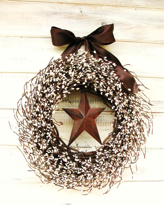 RUSTIC CHOCOLATE BROWN & Creamy Antique White Star Wreath-Fall Door Decor-Scented Sugar Cookie-Choose Scent and Ribbon - WildRidgeDesign