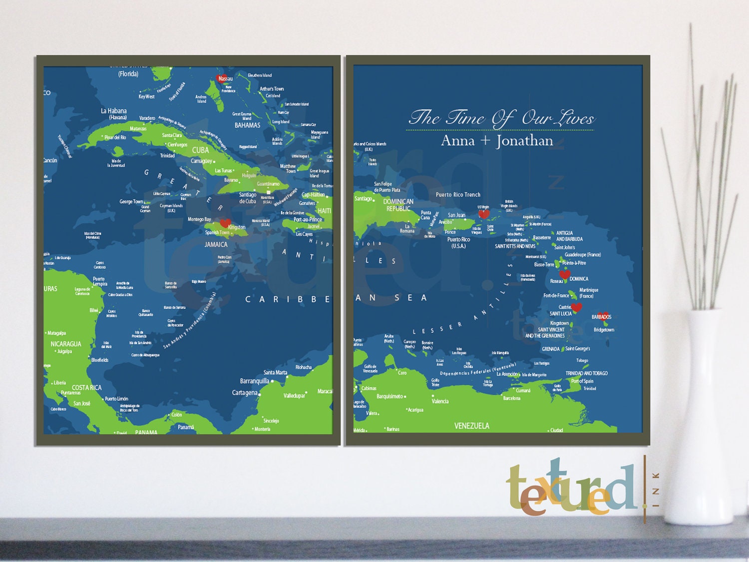 World Travel Art Print, Set of 2, Caribbean Sea Double Map, 11X14 Inches, Gift, Honeymoon, Travel Art, Cruise Art, Holiday Gift for Parents