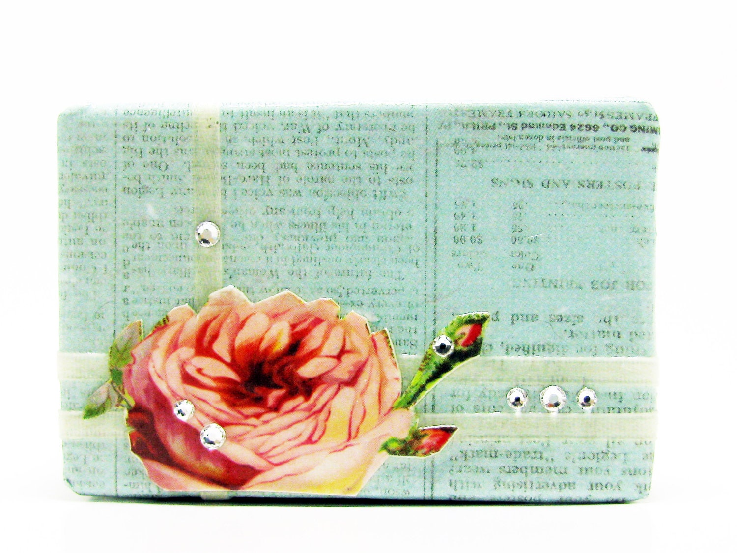 Shabby Chic Box - Pink Rose & Vintage Blue French Newspaper with Swarovski Crystals - Decorative Box - Small Box - Trinket Box - Unique Gift - EarthAndInk