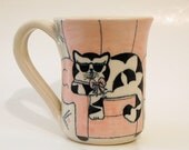 Hand turned  Pottery Mug Hand Painted Lounging Black and White Shades Wearing Cat on Pink Sofa