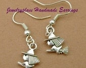 Silver Cute Wizard Charm Earrings. Halloween, Flying on a Broom, Kitsch, Spooky, Fun, Fantasy, OOAK