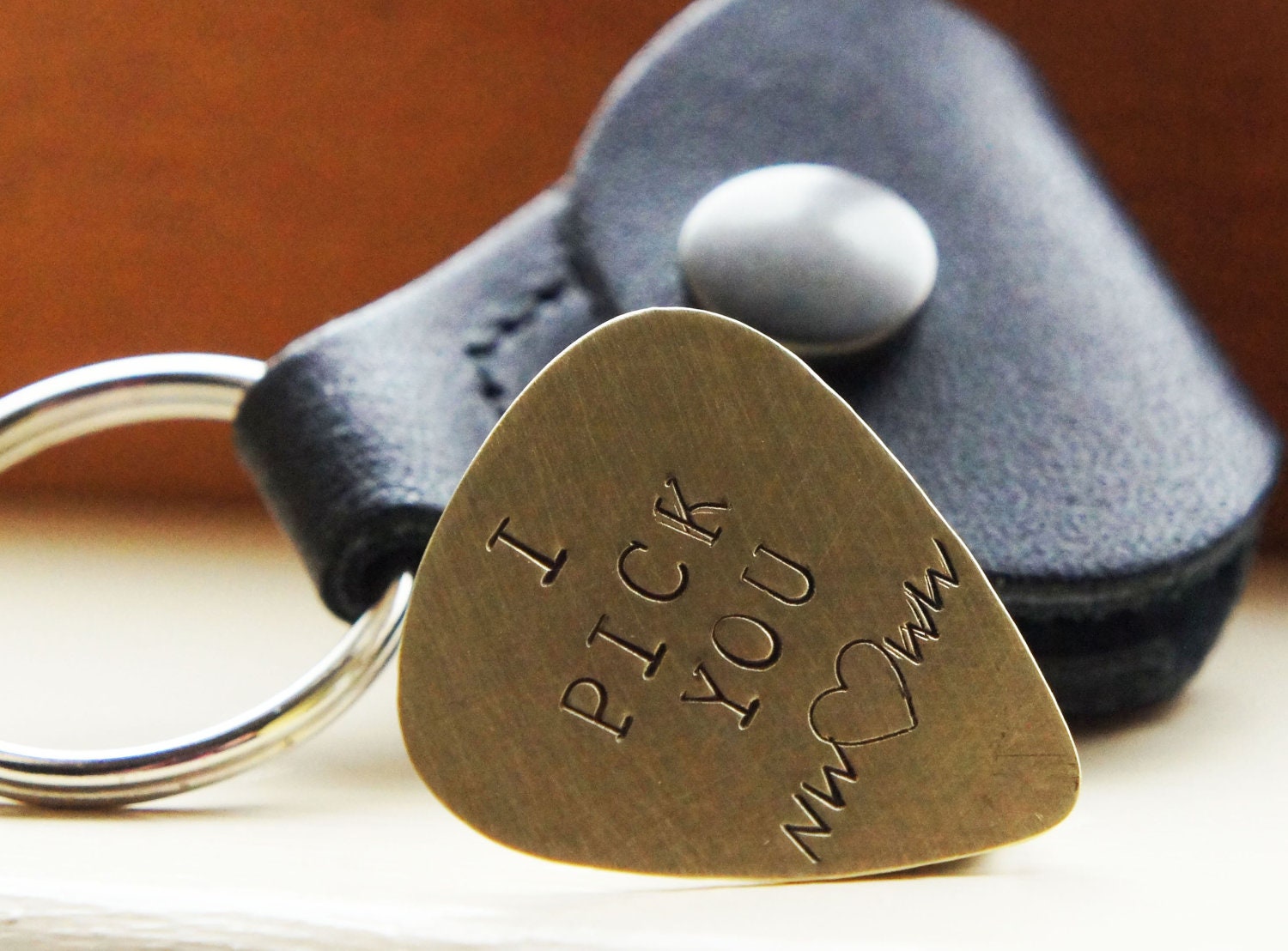 Custom Guitar Pick Keychain Hand Stamped Personalized Brass Plectrum Leather Pick Case Keychain Music Lovers Gift for Him Fathers Day