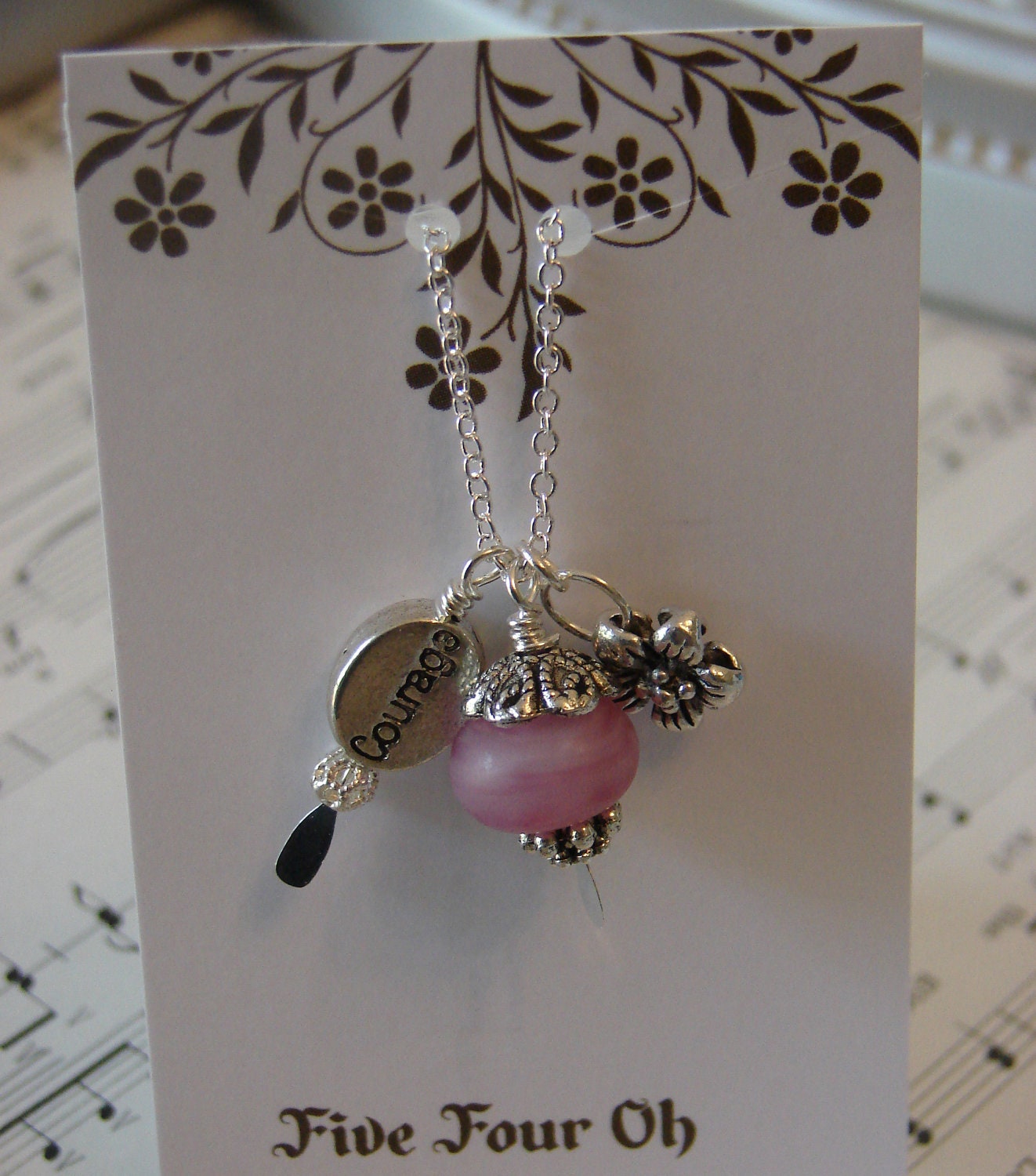 Courage Shades of Pink Lampwork Bead and Flower Floral Necklace Thinking of you Jewelry OOAK