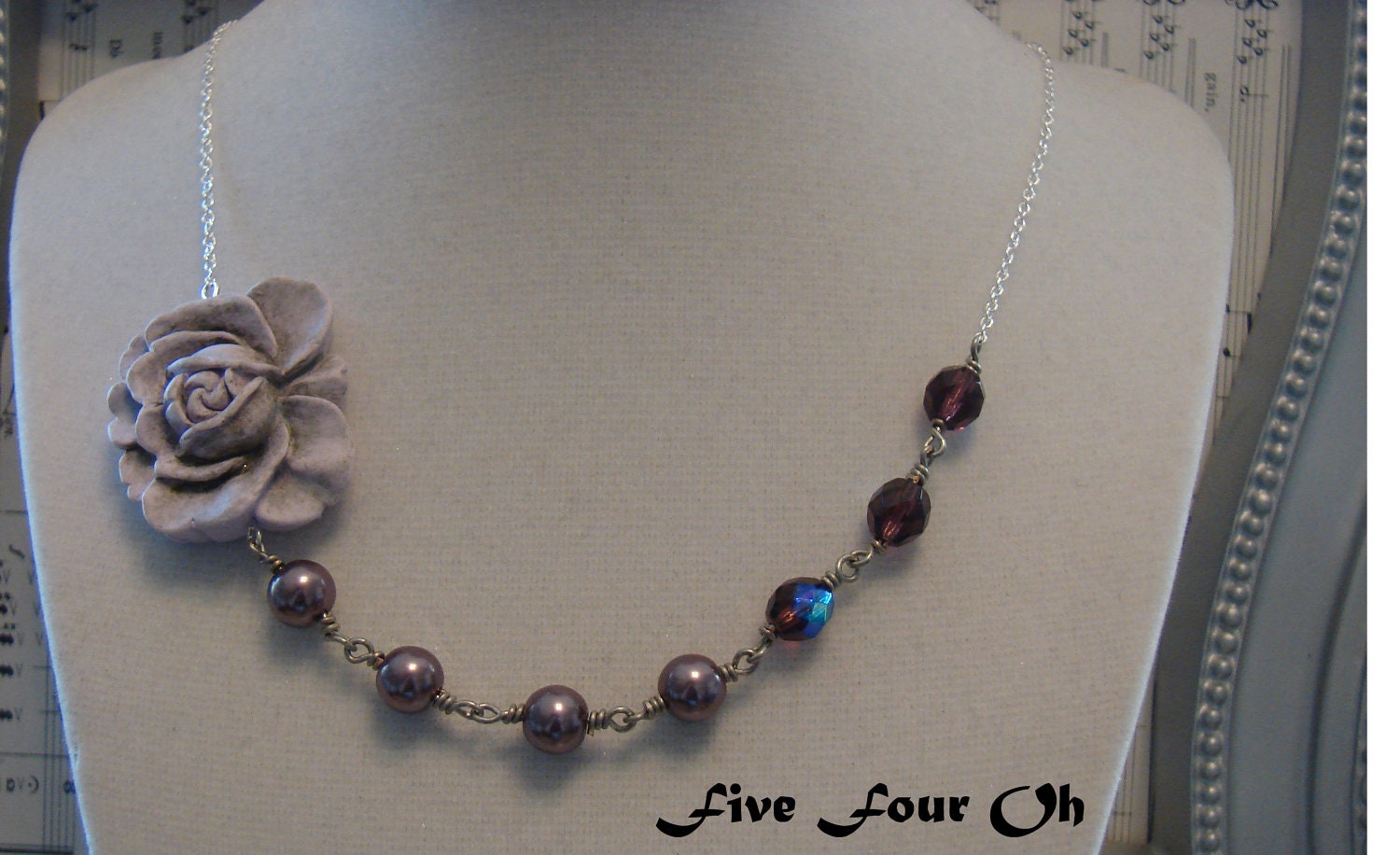 Purple Rose Pearl , Flower necklace, Bridal, Bride Jewelry, Bridesmaid Wedding party, Shabby Cottage Chic Victorian Garden wedding