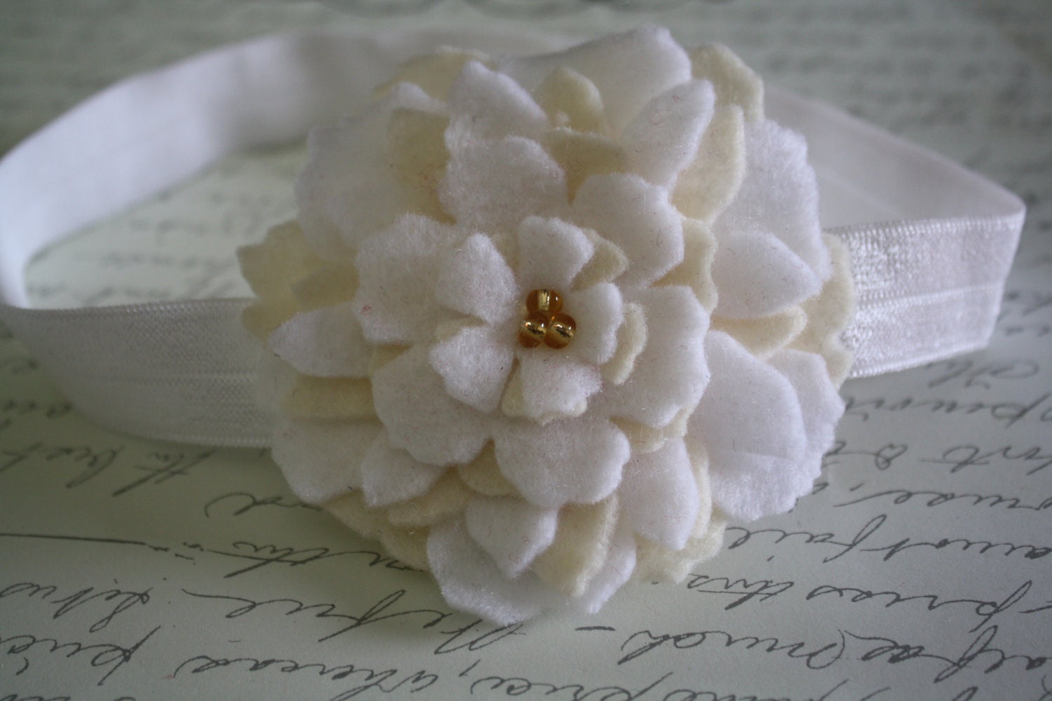 Girls White and Ivory Headband - Baptism Hair band - Newborn Infant Toddler Girls Adult Felt Flower Headband