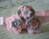 Baby Girls Pink and Gray Flower Headband - Felt Flower Girls Hair Band - Newborn through Adult