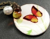 Bright Butterfly Necklace. Butterfly Pendant Necklace with Fiery Teardrop and Fresh Water Pearl.  Handmade Jewelry.