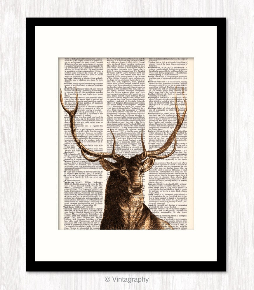 vintage dictionary art print WOODLAND STAG buck deer antlers mixed media altered book page art on choice of backgrounds, 8x10