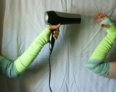 Extra Long Creased Neon Green Arm Warmers Gloves Mittens Fingerless Upcycled Clothing Funky Wrapped Wrists Cuffs Eco Style