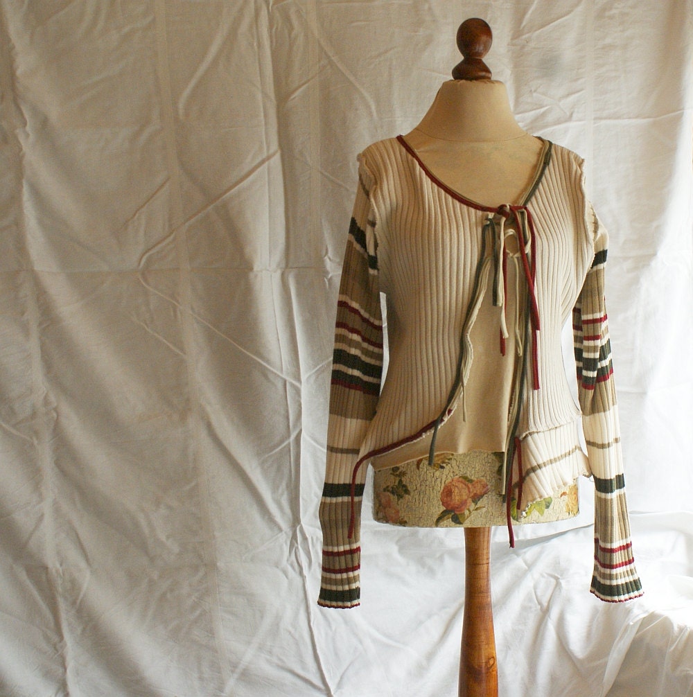 Short Ecru Asymmetrical Cardigan Sleeves in Stripes Loose Jacket  Upcycled Blazer Woman's Clothing Shabby Chic Eco Friendly Style