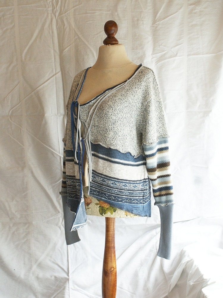 Upcycled Clothing in Shades of Blue Light Grey Cardigan  Asymmetrical Jacket Upcycled Blazer Woman's Clothing Shabby Chic Eco Friendly Style