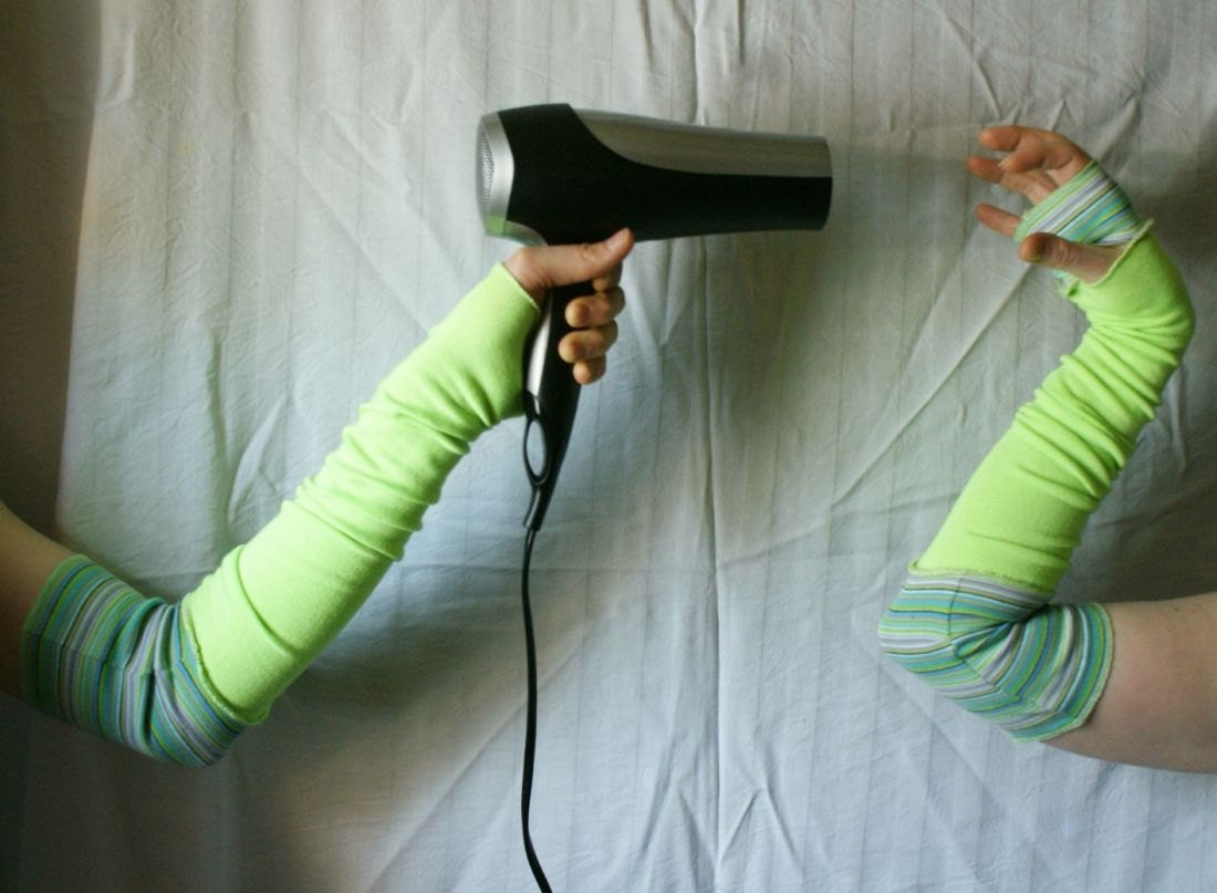 Extra Long Creased Neon Green Arm Warmers Gloves Mittens Fingerless Upcycled Clothing Funky Wrapped Wrists Cuffs Eco Style