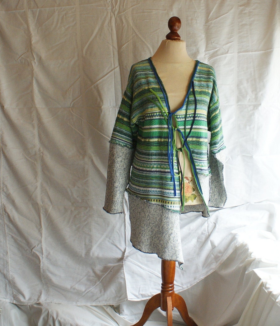 Asymmetrical Loose Blazer in Green and Blue Jacket  Eco Upcycled Cardigan Tattered Woman Clothing