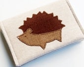 Hedgehog Wallet, Linen Business Card Holder, Vegan, Woodland Animals, Oatmeal Linen, Mushrooms