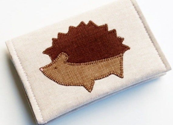 Hedgehog Wallet, Linen Business Card Holder, Vegan, Woodland Animals, Oatmeal Linen, Mushrooms