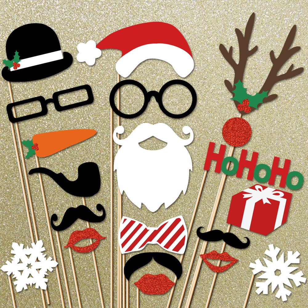 Christmas Photo Booth Props - 20 Piece Holidays GLITTER Photo Props set - Santa Photobooth Props