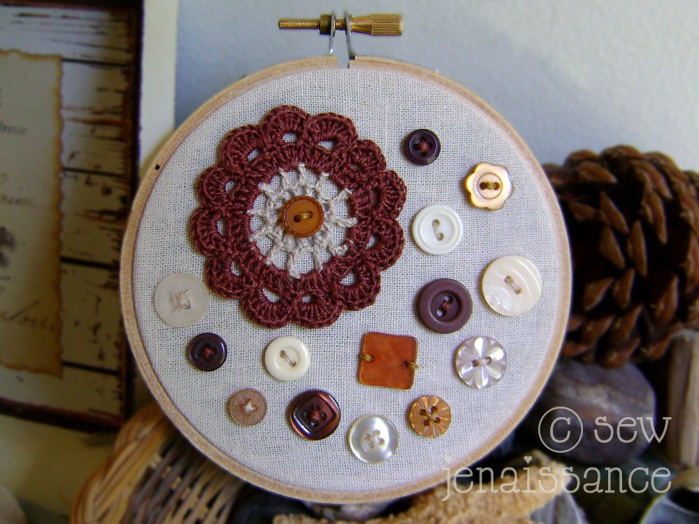 Crochet Linen Chocolate Flower Button Mixed Media Hoop Art 4 Inch