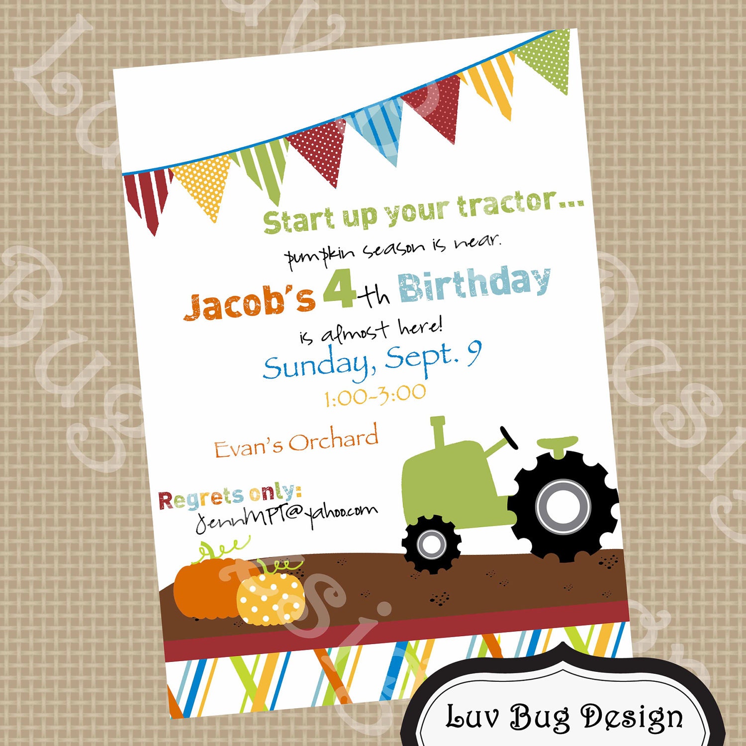 PRINTABLE Tractor Pumpkin Patch Birthday Party Invite- Printable party invitation by Luv Bug Design