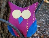 Magenta Stuffed Owl Handmade Plush Toy / Yellow Blue Felted Wool and Echino Bird Print