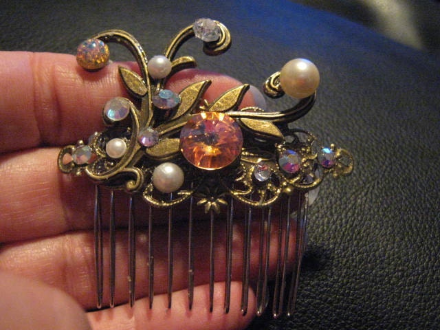 Vintage inspired collage Hair Comb Brandy Swarovski Rhinestone flower Filigree victorian antique bronze crystal wedding bridesmaid bridal