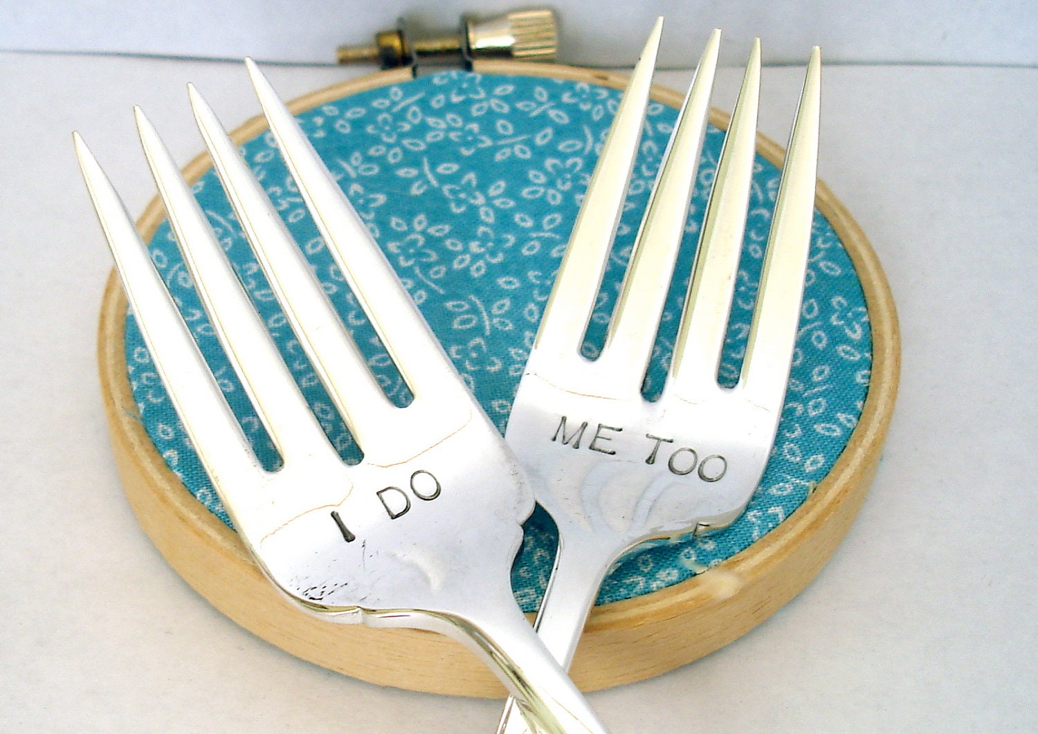 Wedding Forks, I Do, Me Too, Hand Stamped Vintage Mr. Mrs. Wedding Cake Forks