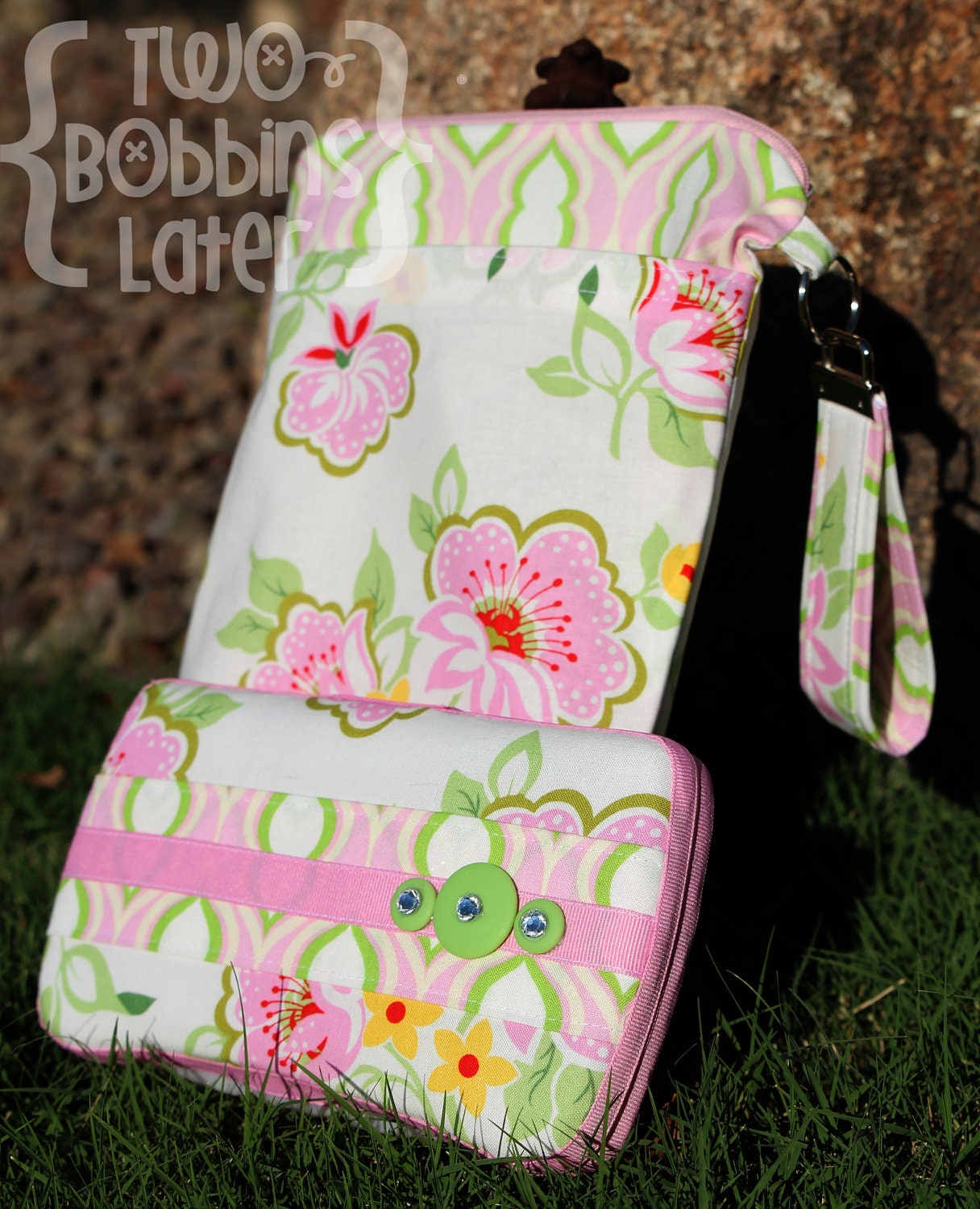 Travel Diaper Changing Set (Girl) - Wet Bag & Wipes Case - Floral - Pink and Green