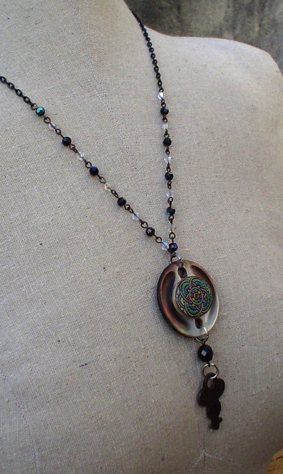 Vintage Smoky MOP Button, Key and Cab Long Assemblage Necklace on Vintage Rosary Chain