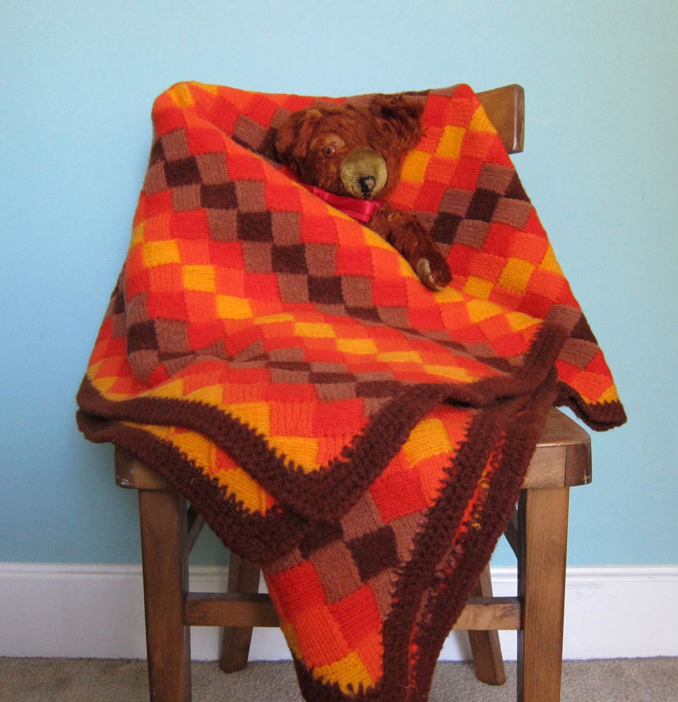 Wool Crochet Afghan Throw Orange and Brown Vintage 1970's