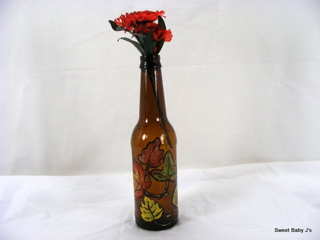 Fall Leaves Hand Painted Bud Vase On Recycled Beer Bottle