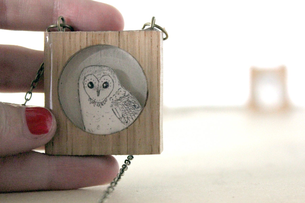 winter owl wooden frame necklace- unique woodland necklace