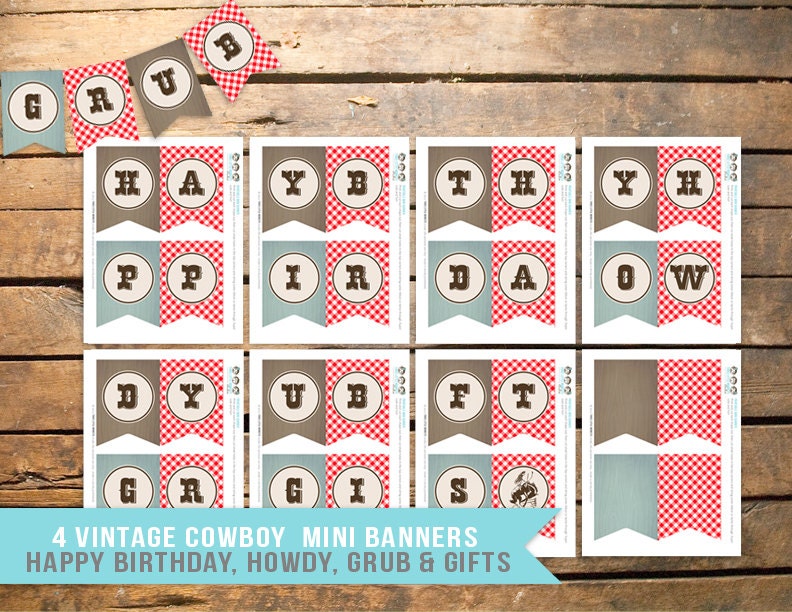 Set of 4 Vintage Cowboy Mini Banners - Happy Birthday, Howdy, Grub and Gifts Il_570xn